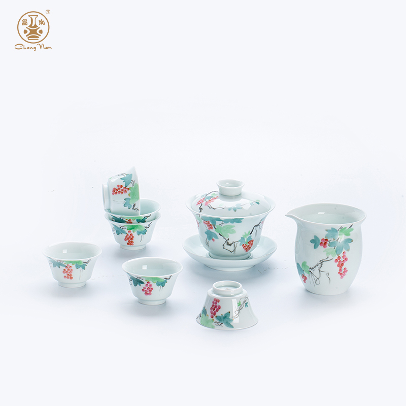 玉瓷手繪“吉運添?！?頭蓋碗茶具套裝